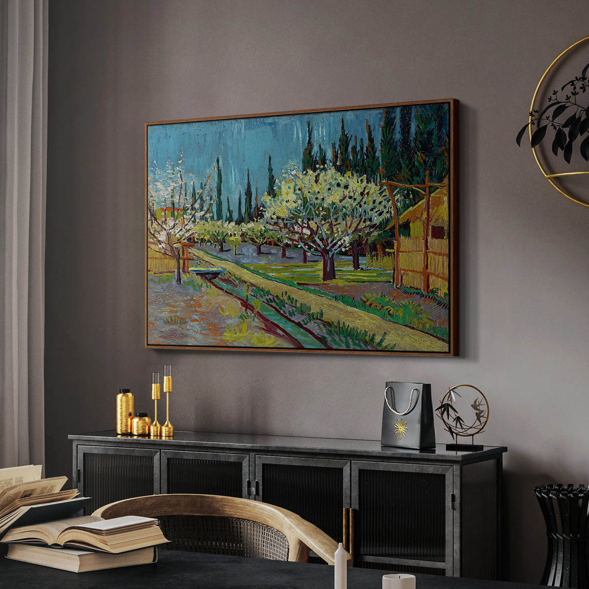 Orchard in Blossom, Bordered by Cypresses, 1888 - Floater Framed Canvas Print
