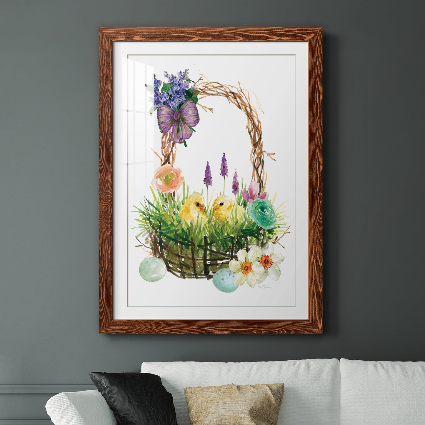 Spring Chick Basket - Premium Framed Print - Distressed Barnwood Frame - Ready to Hang