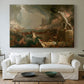Canvas art print detailing an expressive composition showing downfall of civilization, centered above a sofa as a large focal wall piece