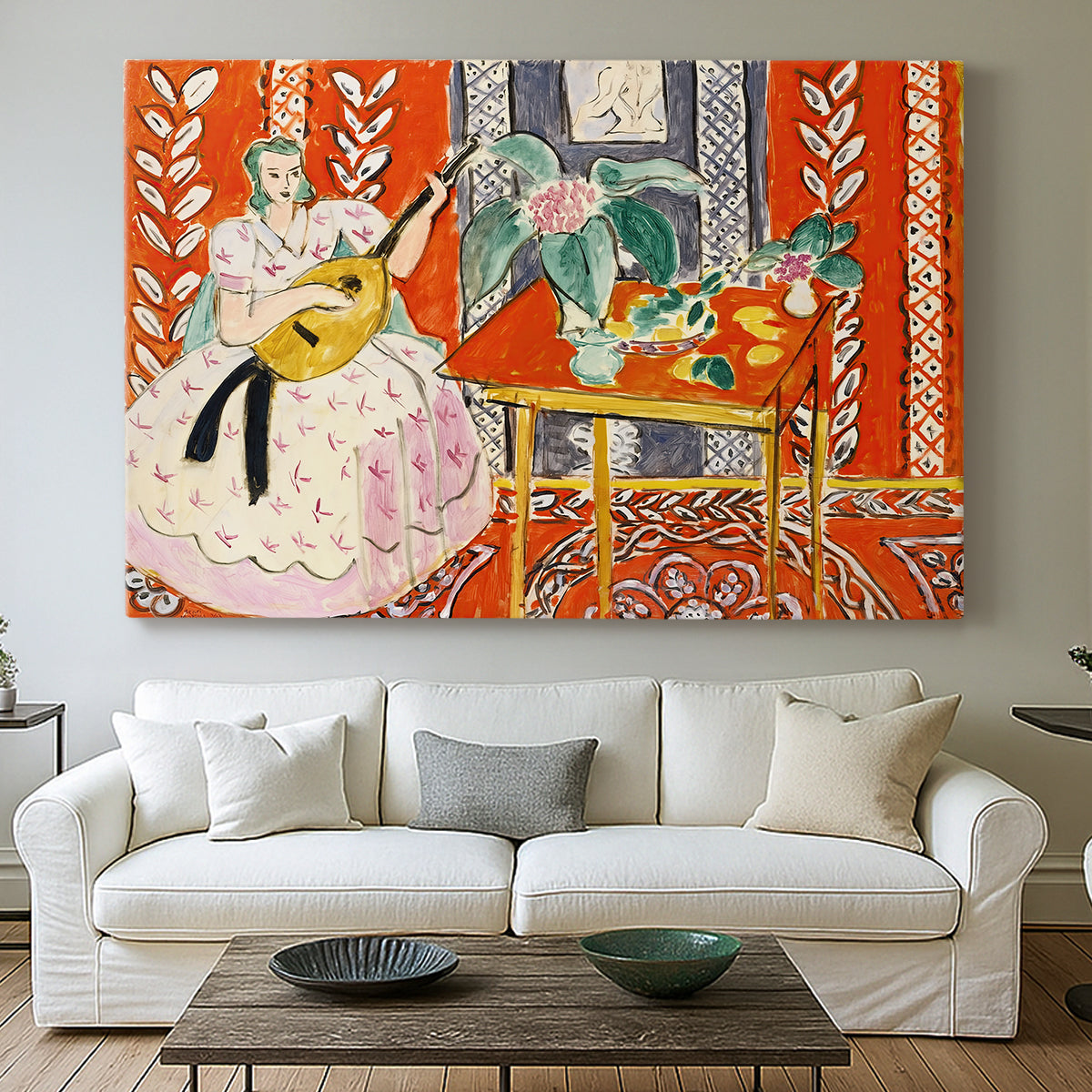 Canvas art print detailing a stylized figure with musical instrument, centered above a sofa as a large focal wall piece