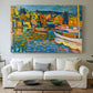 Canvas art print detailing a stylized scene emphasizing seasonal tones and structure, centered above a sofa as a large focal wall piece