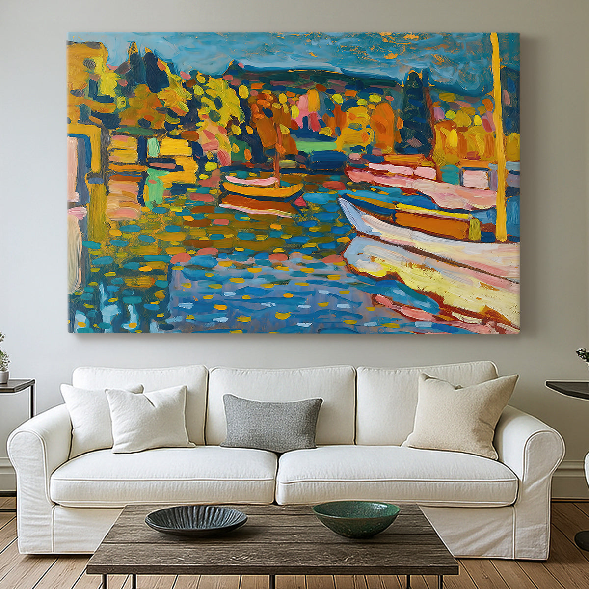 Canvas art print detailing a stylized scene emphasizing seasonal tones and structure, centered above a sofa as a large focal wall piece