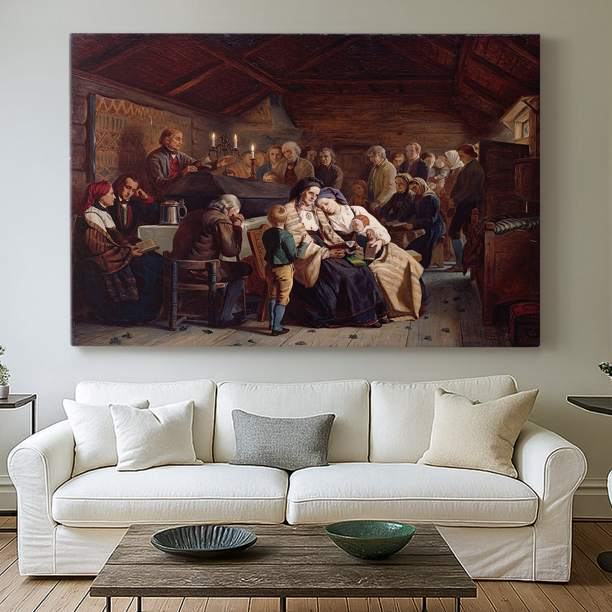 Canvas art print detailing a detailed depiction of rural community sharing a meal after a funeral, centered above a sofa as a large focal wall piece