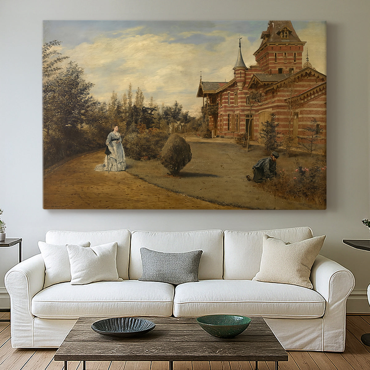 Canvas art print detailing a street view centered on building and surrounding structures, centered above a sofa as a large focal wall piece