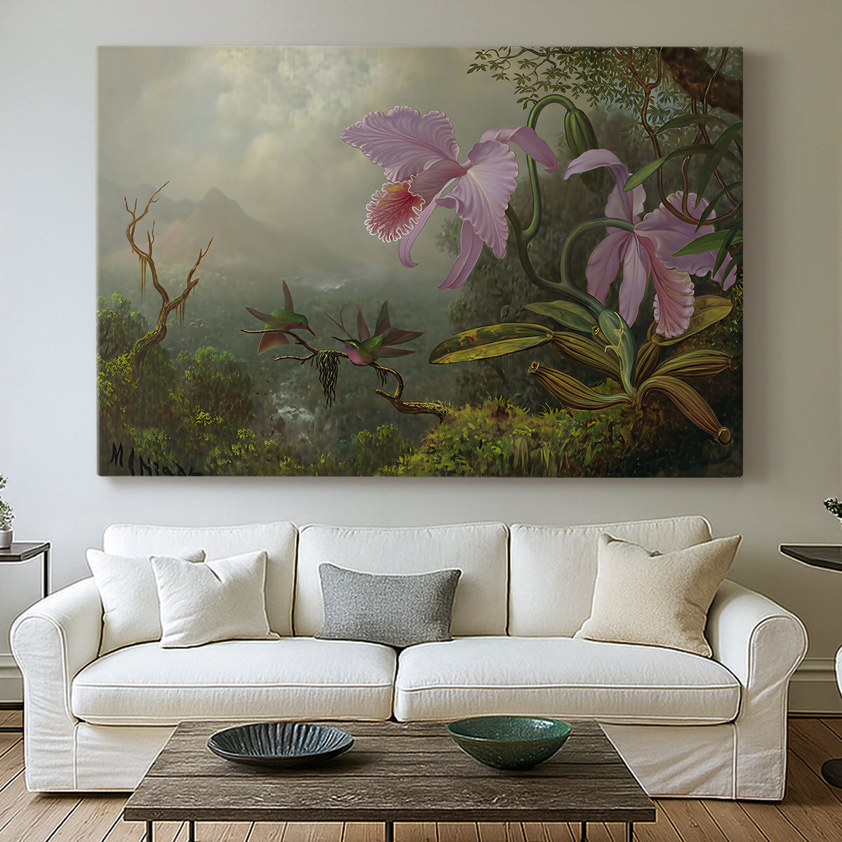 Canvas art print detailing a luminist depiction of birds, centered above a sofa as a large focal wall piece