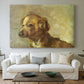 Canvas art print detailing a painterly depiction of seated dog, centered above a sofa as a large focal wall piece