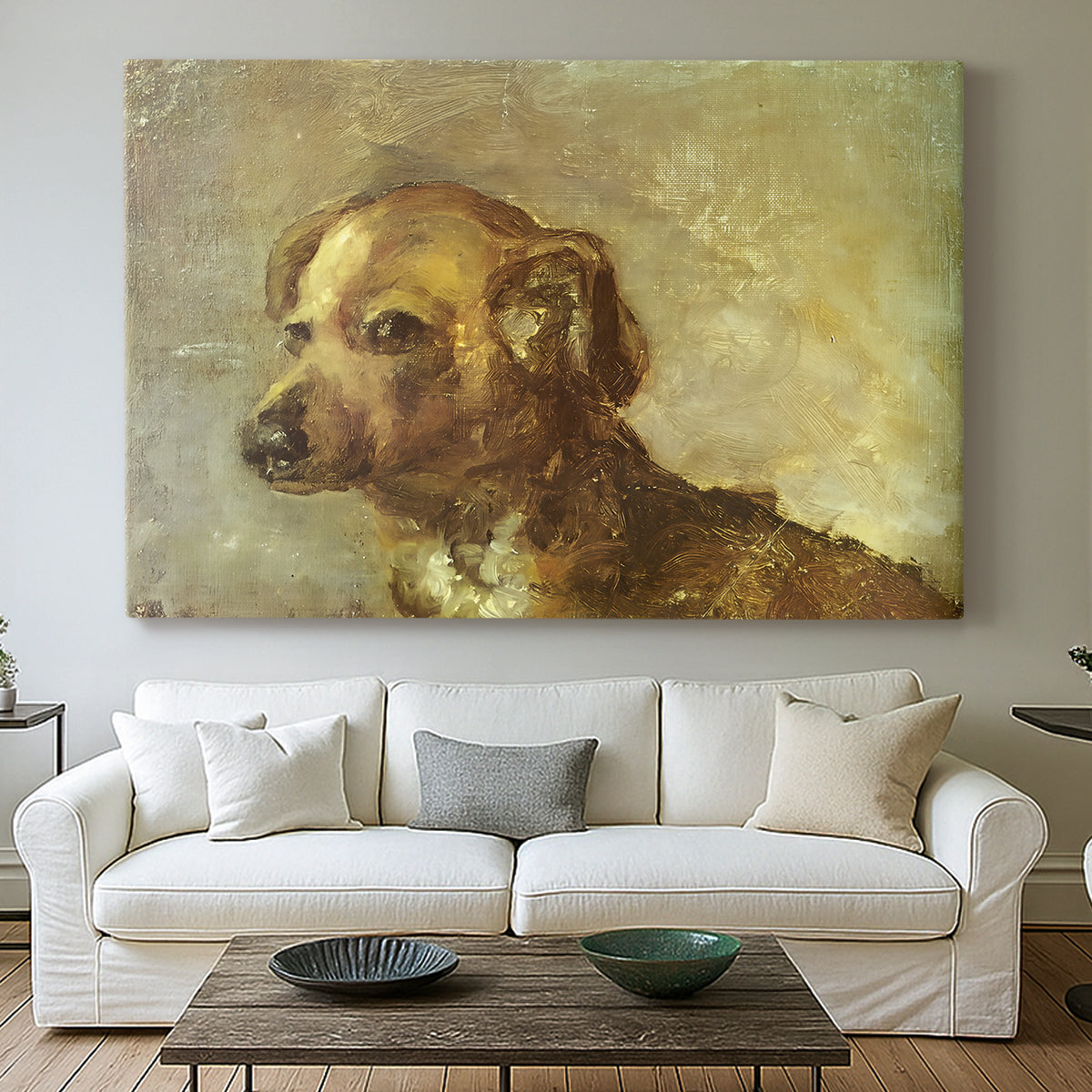 Canvas art print detailing a painterly depiction of seated dog, centered above a sofa as a large focal wall piece