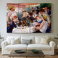 Canvas art print detailing a social dining scene with figures seated around table on riverside terrace, centered above a sofa as a large focal wall piece