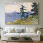Canvas art print detailing a natural composition with trees and subtle human presence, centered above a sofa as a large focal wall piece