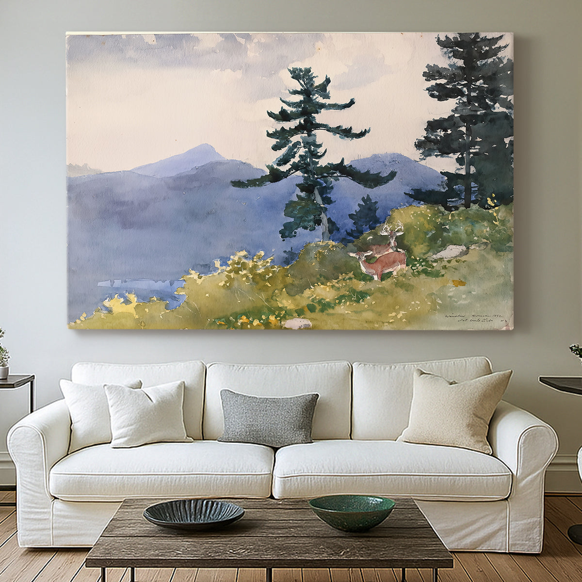 Canvas art print detailing a natural composition with trees and subtle human presence, centered above a sofa as a large focal wall piece