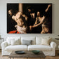 Canvas art print detailing an intense Baroque scene of suffering with strong light and shadow, centered above a sofa as a large focal wall piece