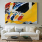 Canvas art print detailing an abstract depiction of concert atmosphere using color emphasis, centered above a sofa as a large focal wall piece