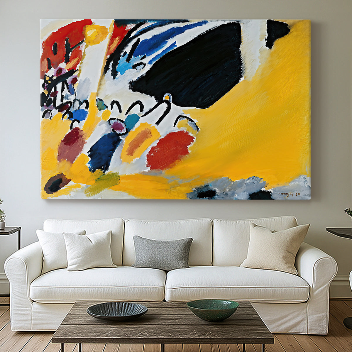 Canvas art print detailing an abstract depiction of concert atmosphere using color emphasis, centered above a sofa as a large focal wall piece