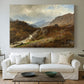 Canvas art print detailing a romantic depiction of mountainous environment, centered above a sofa as a large focal wall piece