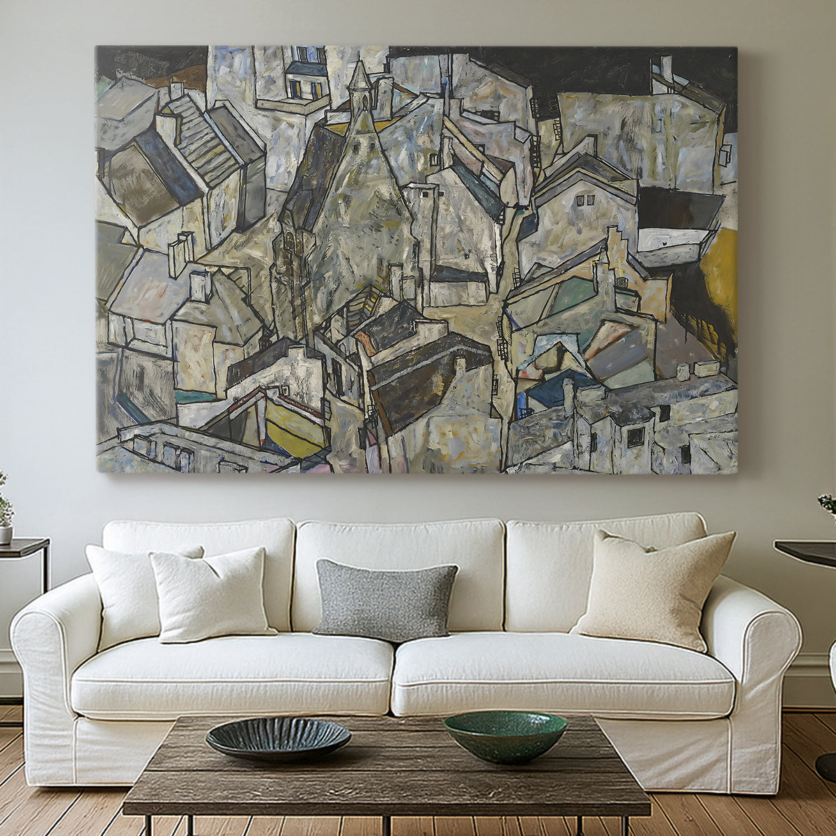 Canvas art print detailing a stylized urban composition with geometric structures and muted tones, centered above a sofa as a large focal wall piece