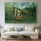 Canvas art print detailing a stylized jungle scene with animals in conflict, centered above a sofa as a large focal wall piece