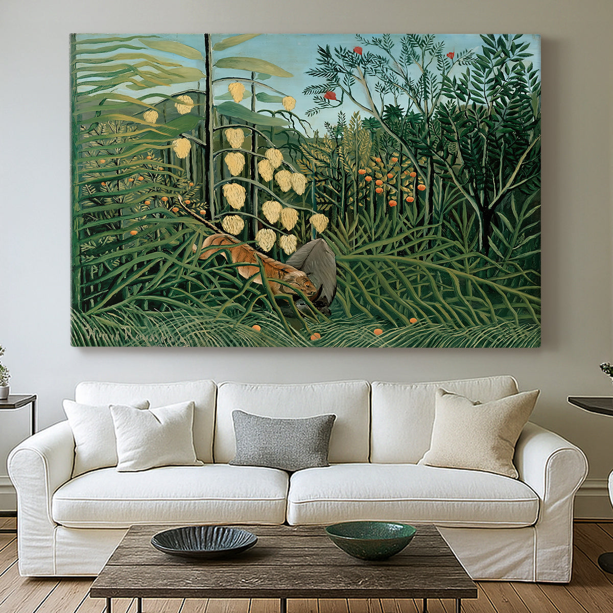 Canvas art print detailing a stylized jungle scene with animals in conflict, centered above a sofa as a large focal wall piece