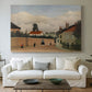 Canvas art print detailing a calm outskirts setting blending structures and nature, centered above a sofa as a large focal wall piece