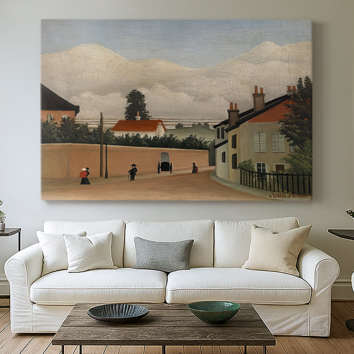 Canvas art print detailing a calm outskirts setting blending structures and nature, centered above a sofa as a large focal wall piece
