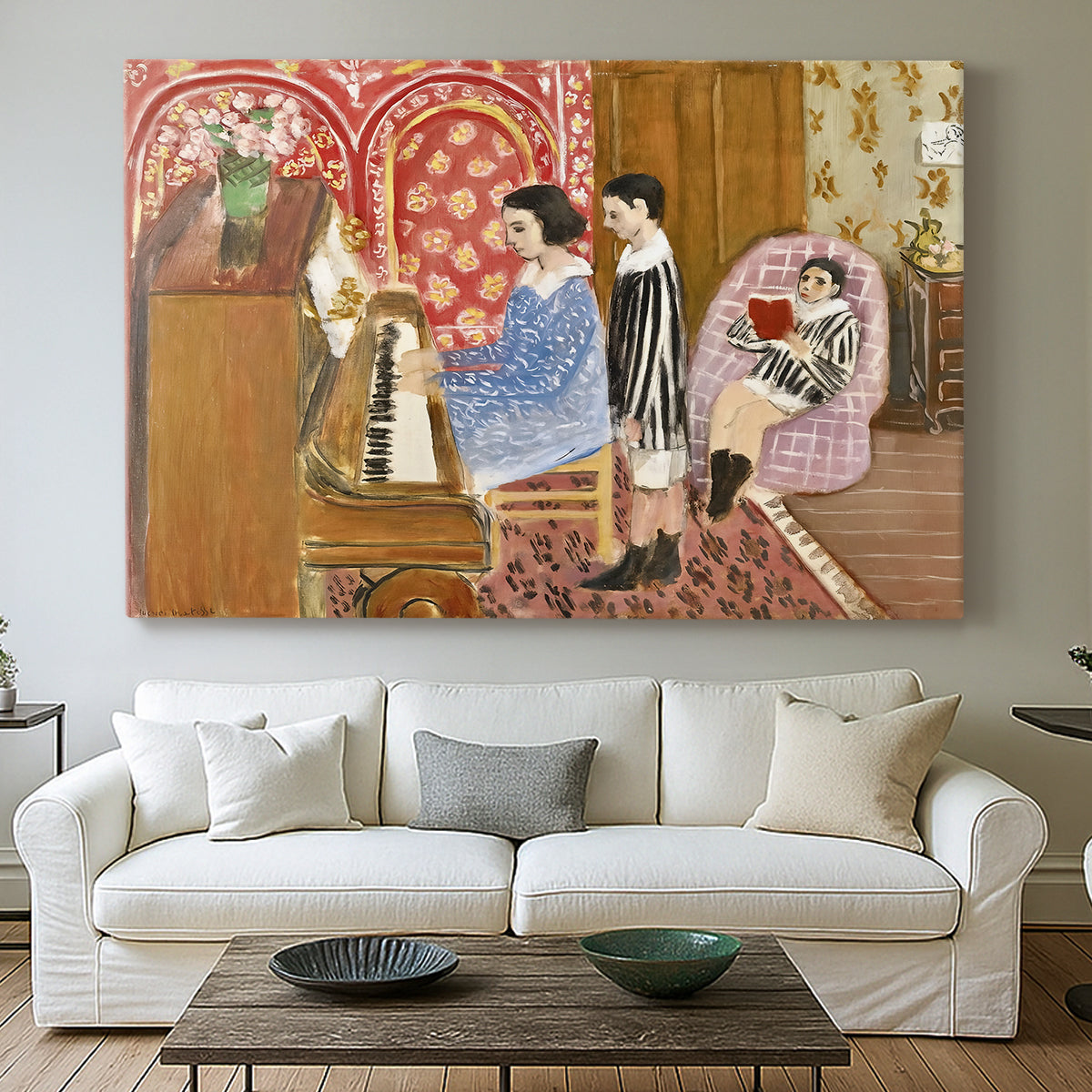 Canvas art print detailing a stylized room scene of a lesson, centered above a sofa as a large focal wall piece