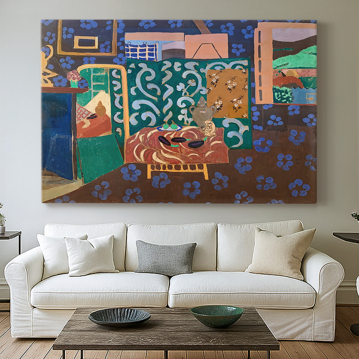 Canvas art print detailing a stylized room composition featuring aubergines on a table, centered above a sofa as a large focal wall piece