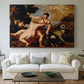 Canvas art print detailing a classical narrative moment showing lovers parting in landscape, centered above a sofa as a large focal wall piece