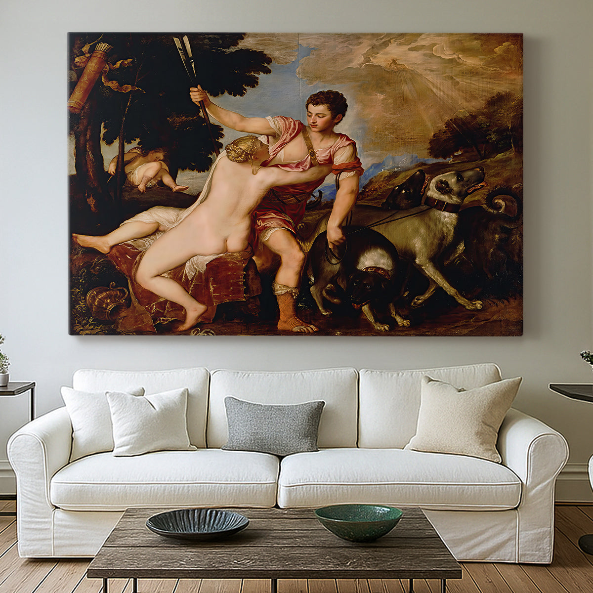 Canvas art print detailing a classical narrative moment showing lovers parting in landscape, centered above a sofa as a large focal wall piece