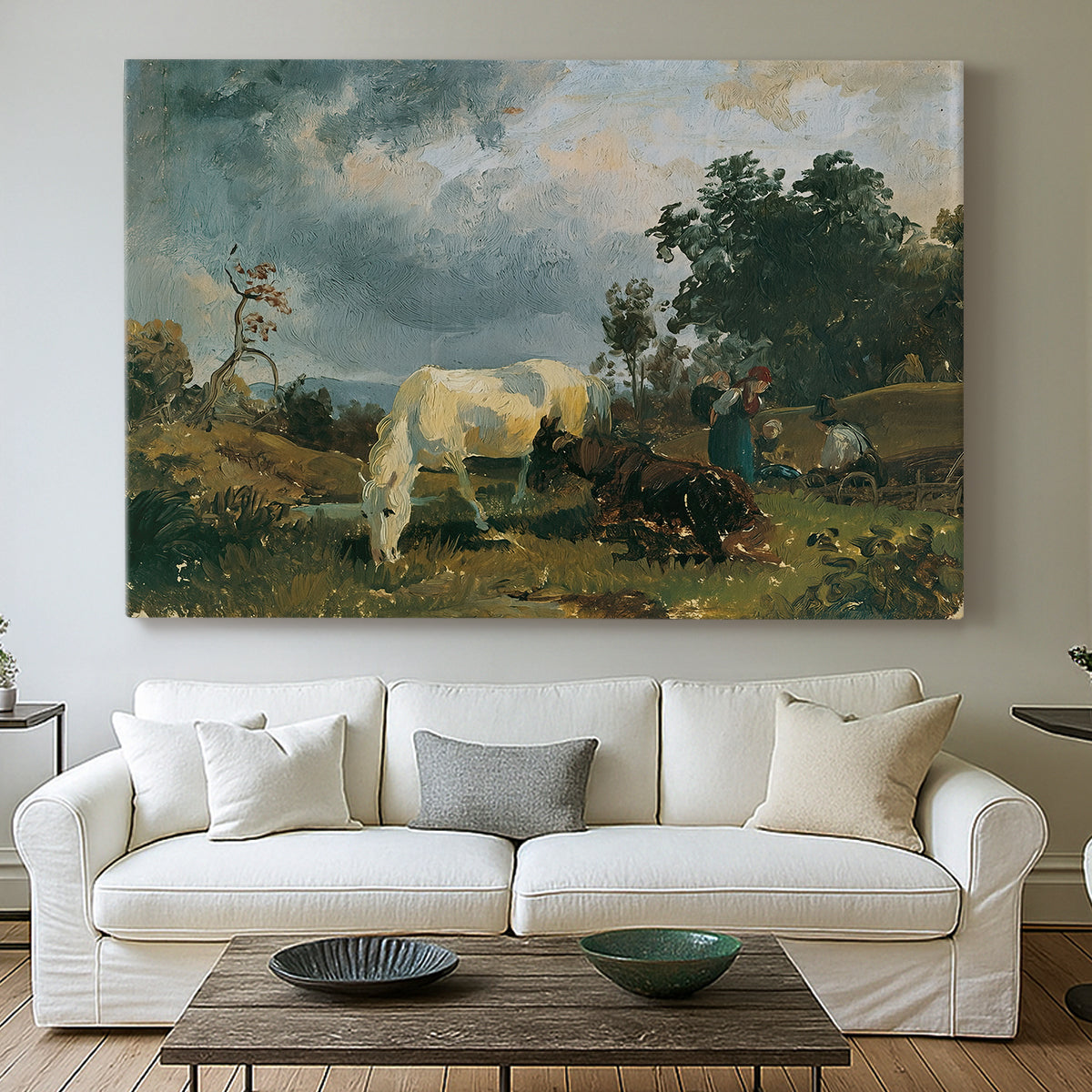 Canvas art print detailing a realistic field with animals, centered above a sofa as a large focal wall piece