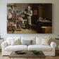 Canvas art print detailing a realistic depiction of artisan at work with tools, centered above a sofa as a large focal wall piece