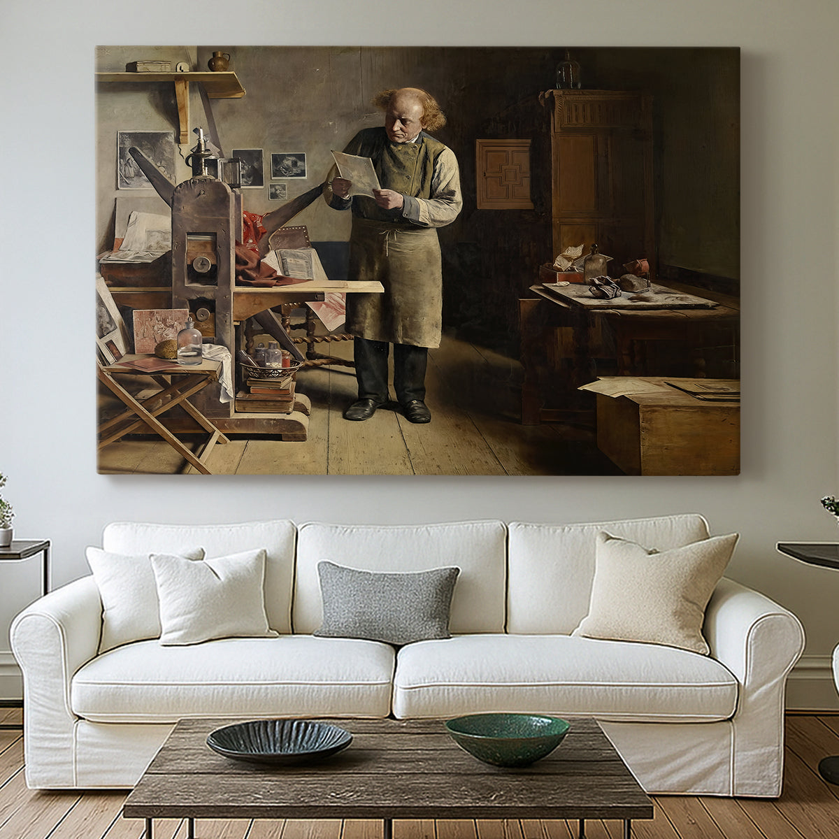 Canvas art print detailing a realistic depiction of artisan at work with tools, centered above a sofa as a large focal wall piece