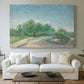 Canvas art print detailing a stylized urban garden composition, centered above a sofa as a large focal wall piece