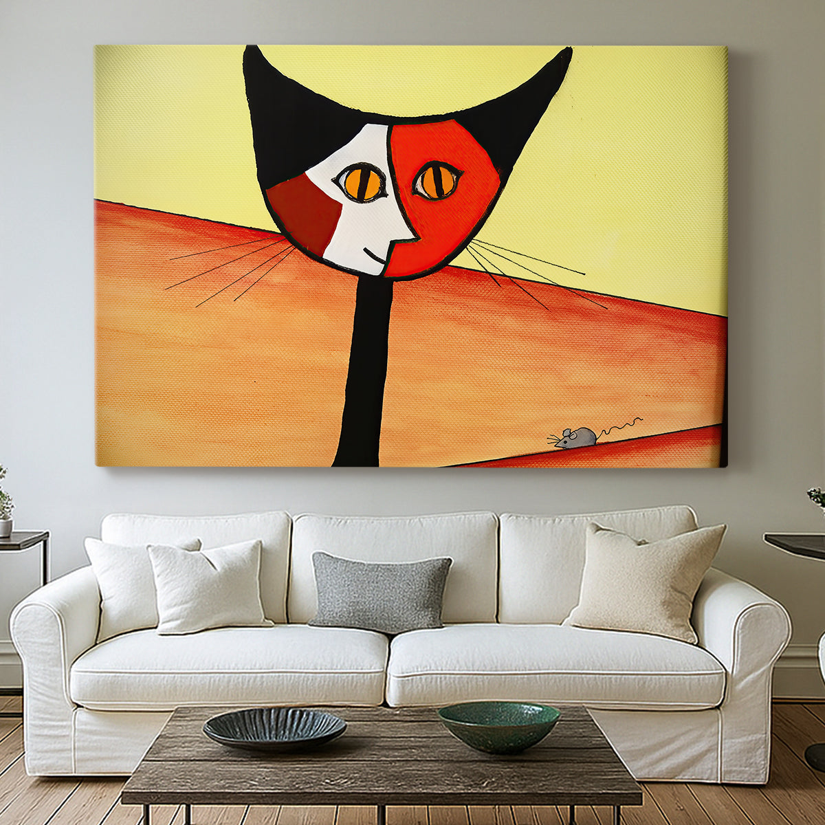 Canvas art print detailing a digital artwork of cat in geometric style, centered above a sofa as a large focal wall piece