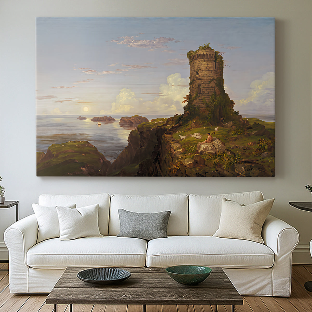 Canvas art print detailing a scenic coastal view, centered above a sofa as a large focal wall piece