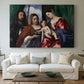Canvas art print detailing a sacred portrait arrangement with central Madonna and attendants, centered above a sofa as a large focal wall piece