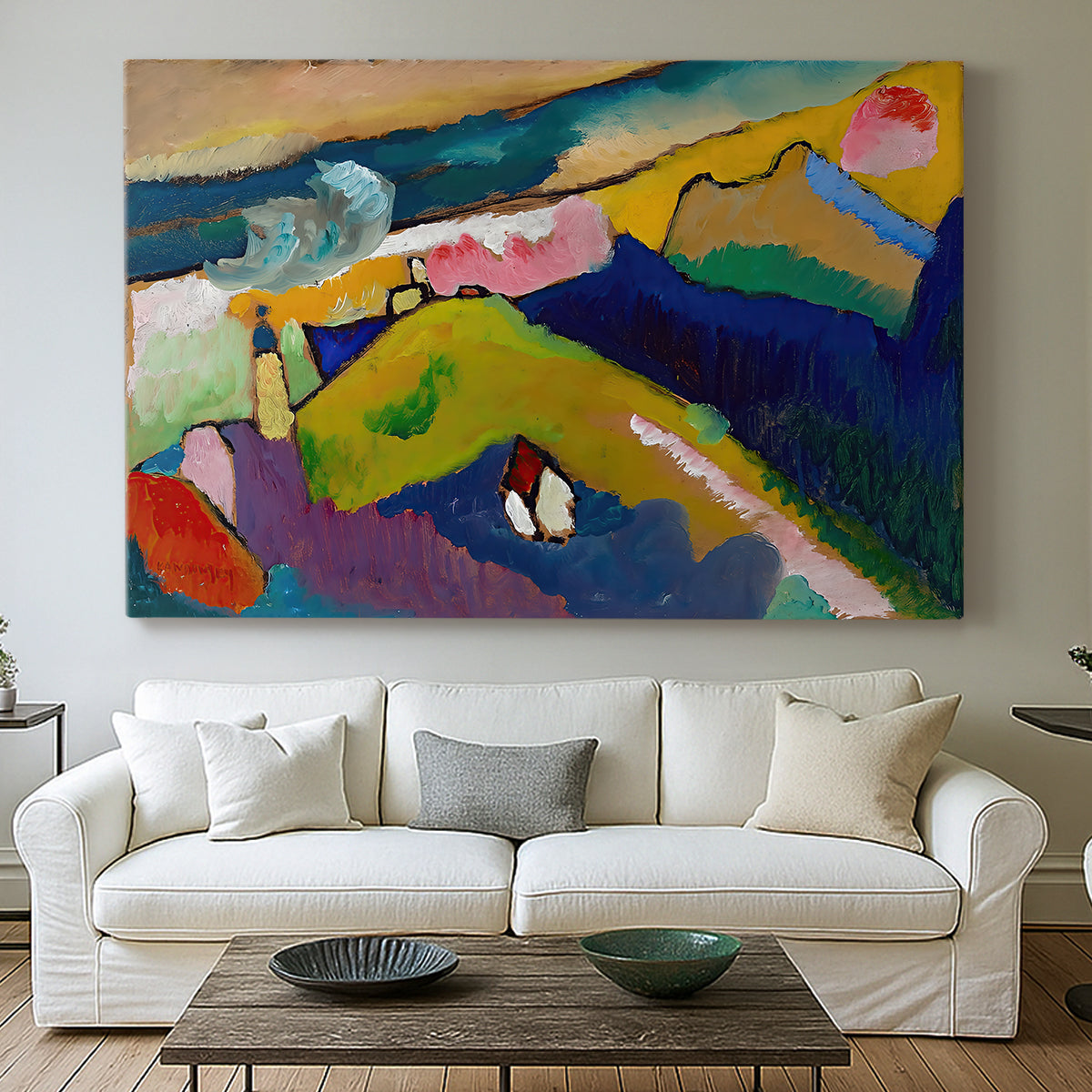 Canvas art print detailing a stylized composition featuring church within mountainous setting, centered above a sofa as a large focal wall piece