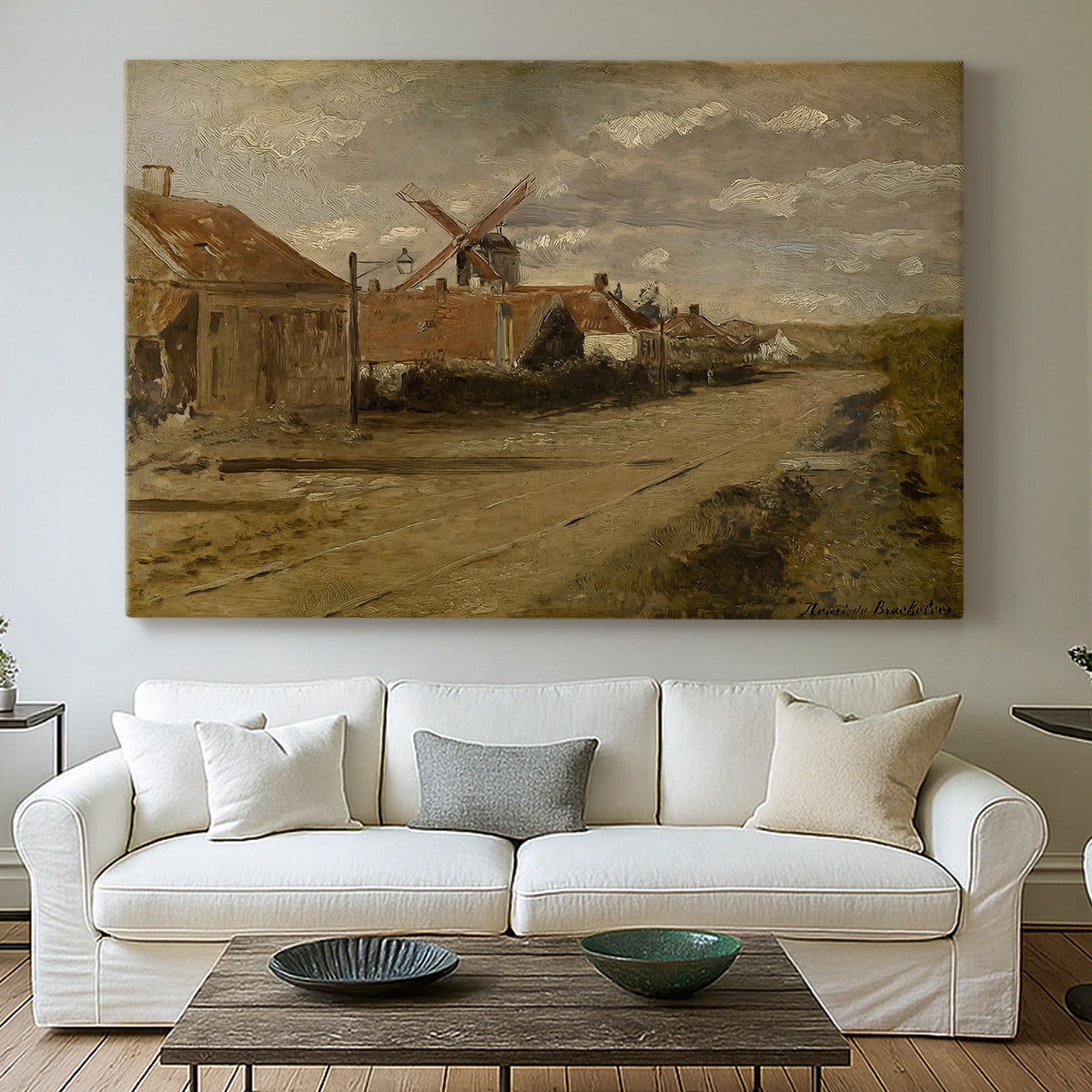 Canvas art print detailing a landscape featuring mill and calm environment, centered above a sofa as a large focal wall piece