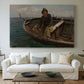 Canvas art print detailing a maritime scene with people working on water, centered above a sofa as a large focal wall piece