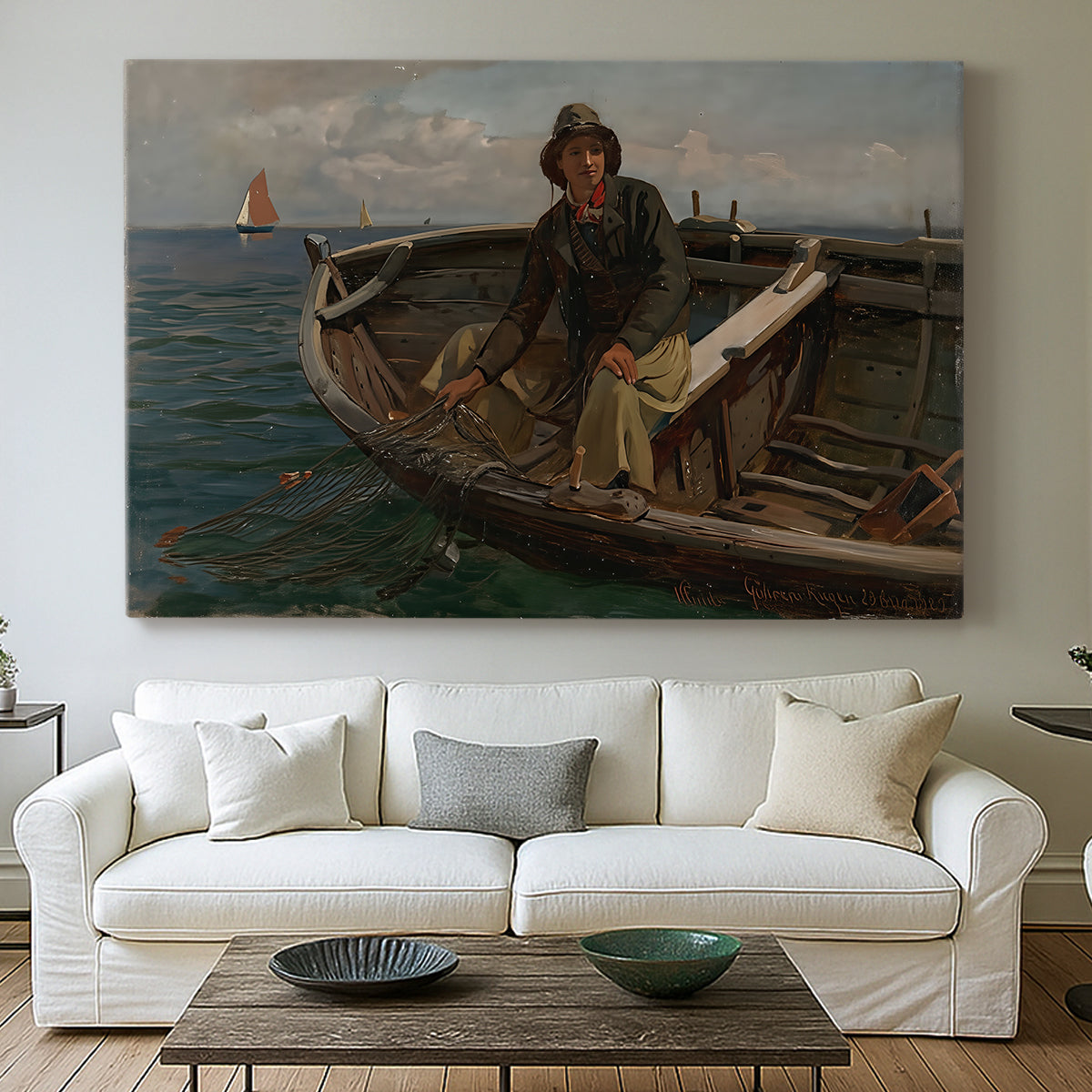 Canvas art print detailing a maritime scene with people working on water, centered above a sofa as a large focal wall piece
