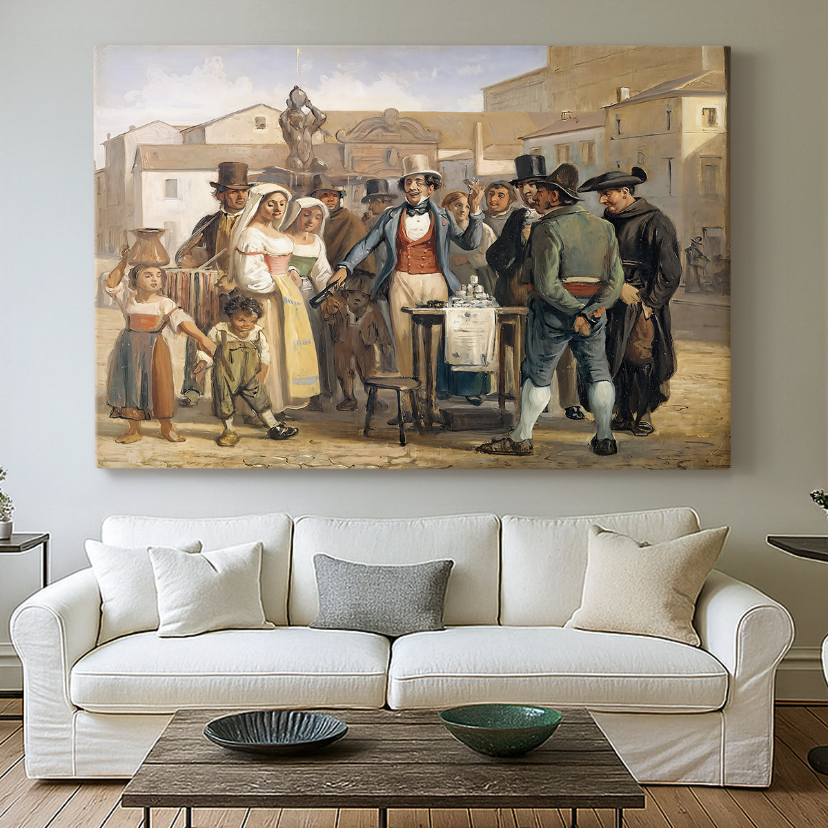 Canvas art print detailing a composition showing public interaction in open square, centered above a sofa as a large focal wall piece