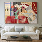 Canvas art print detailing a stylized composition with figure and decorative textiles, centered above a sofa as a large focal wall piece