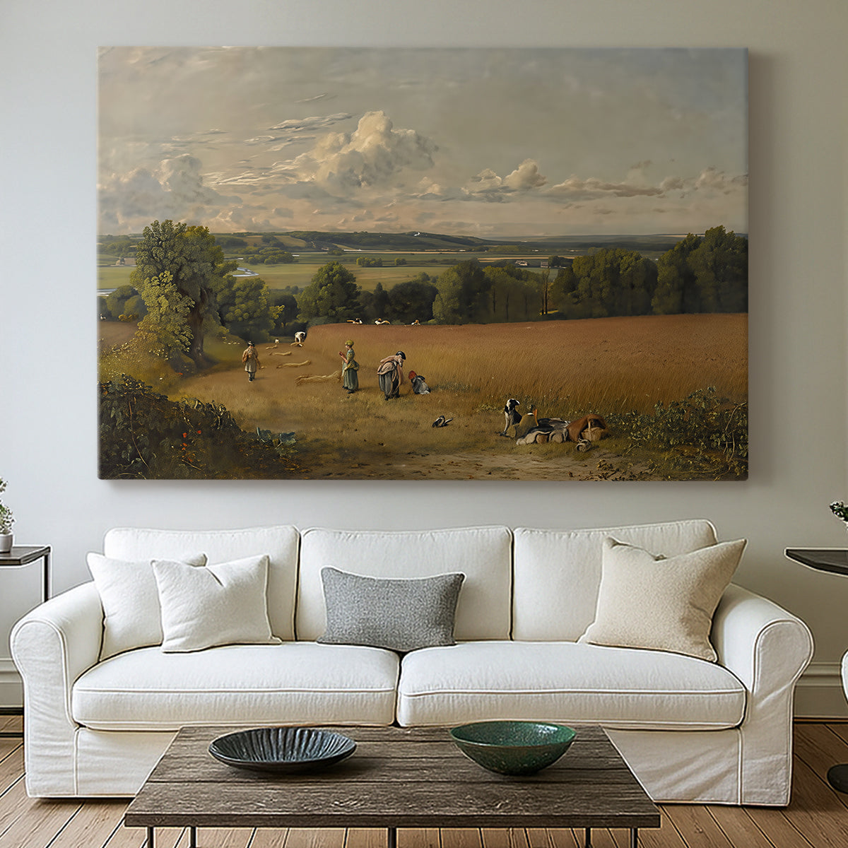 Canvas art print detailing an expressive field composition, centered above a sofa as a large focal wall piece
