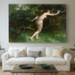 Canvas art print detailing a symbolic solitary female figure, centered above a sofa as a large focal wall piece