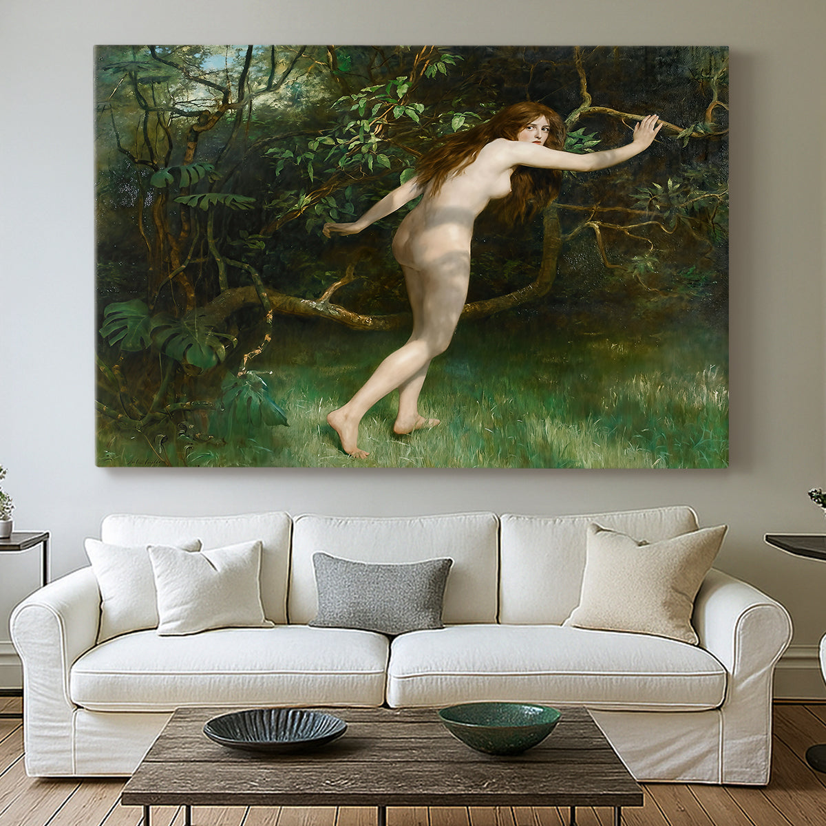 Canvas art print detailing a symbolic solitary female figure, centered above a sofa as a large focal wall piece