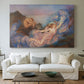 Canvas art print detailing a symbolic scene of figure surrounded by evening tones, centered above a sofa as a large focal wall piece