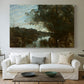 Canvas art print detailing a tranquil setting with water, trees, and horizon, centered above a sofa as a large focal wall piece