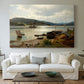 Canvas art print detailing a serene shoreline view with boats and human presence, centered above a sofa as a large focal wall piece