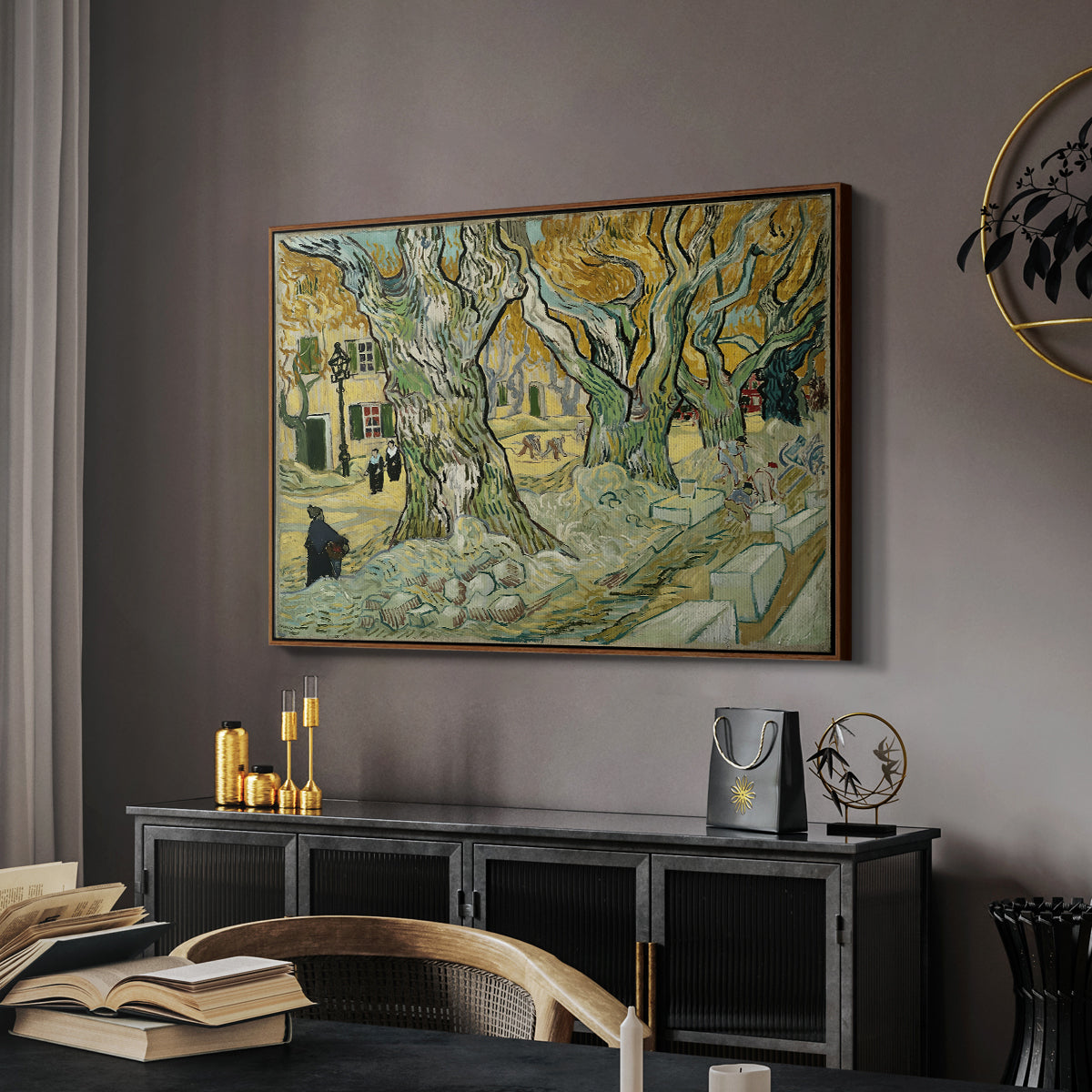 The Large Plane Trees (Road Menders at Saint-Rémy), 1889 - Floater Framed Canvas Print