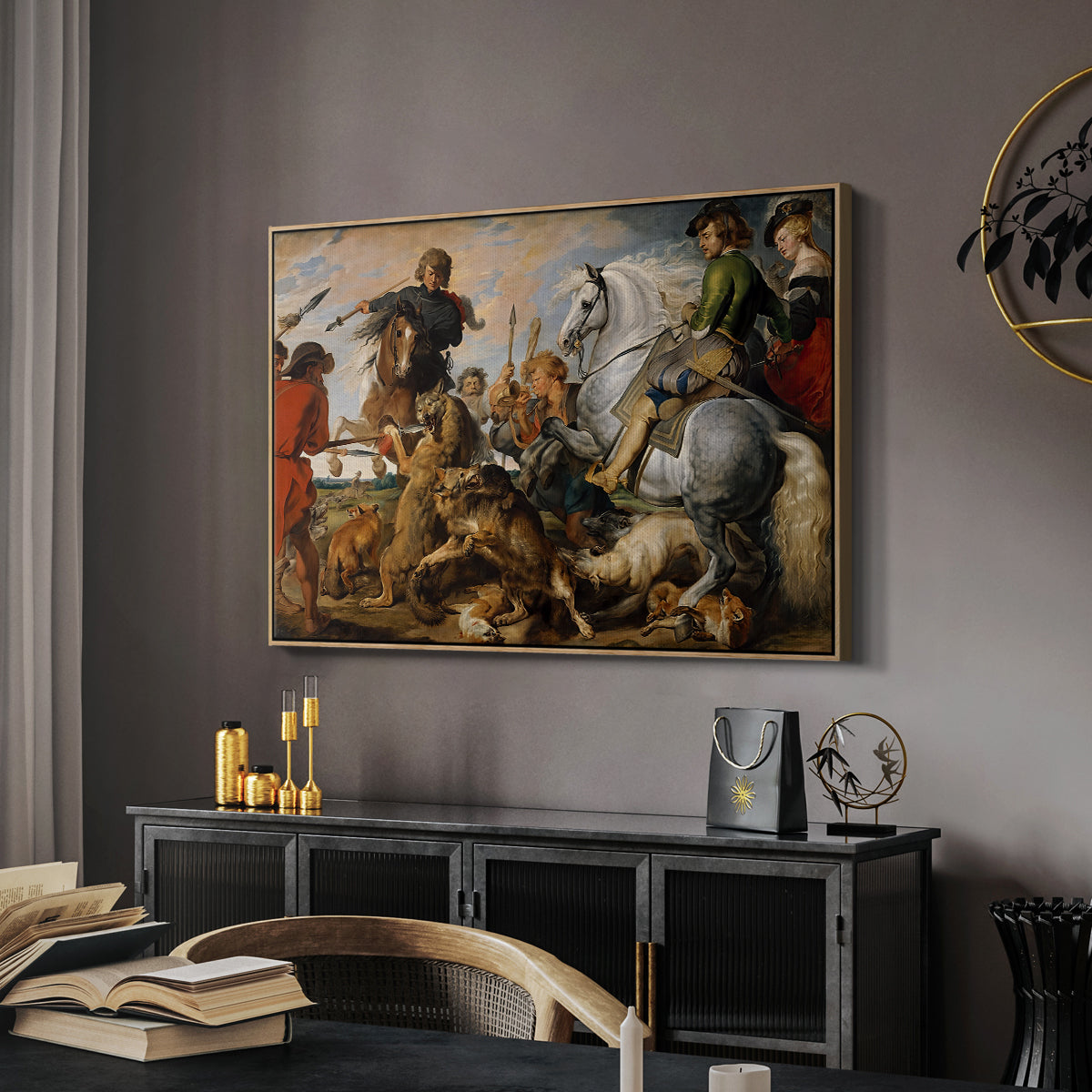 The Wolf and Fox Hunt, c. 1616 - Floater Framed Canvas Print