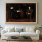 Canvas art print detailing a Victorian scene with dramatic grouping, centered above a sofa as a large focal wall piece