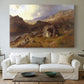 Canvas art print detailing a romantic landscape view with dramatic sky and valley, centered above a sofa as a large focal wall piece